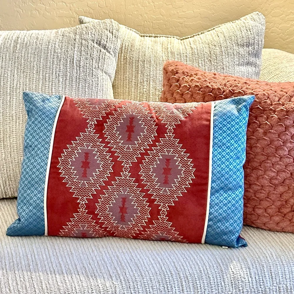 Southwest Embroidered Tapestry Aztec Throw Pillow Quilted Dark Red Blue 24x16